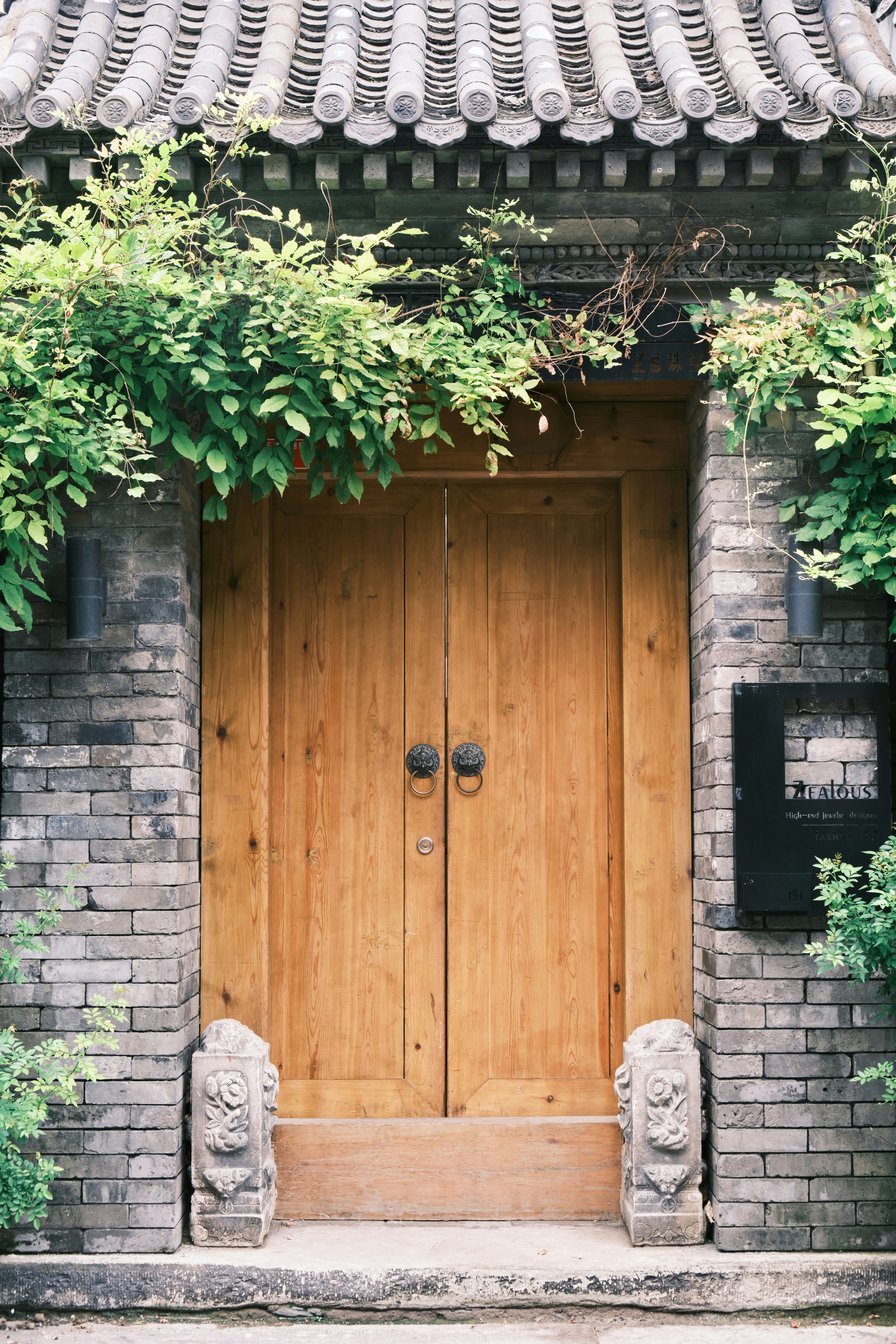 brown wooden door with green vines